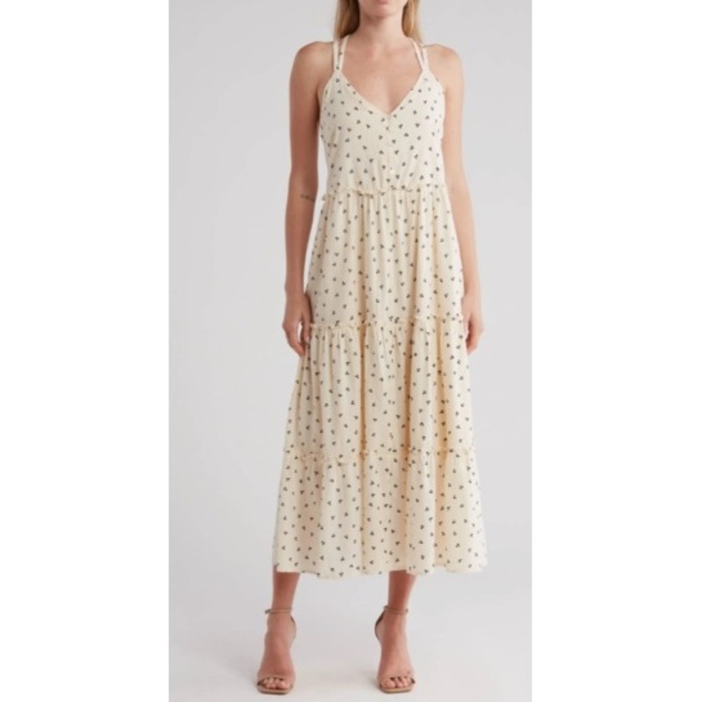FRNCH Elise Strappy Tiered Midi Dress Cream Berry Print Small Sundress Cottage
